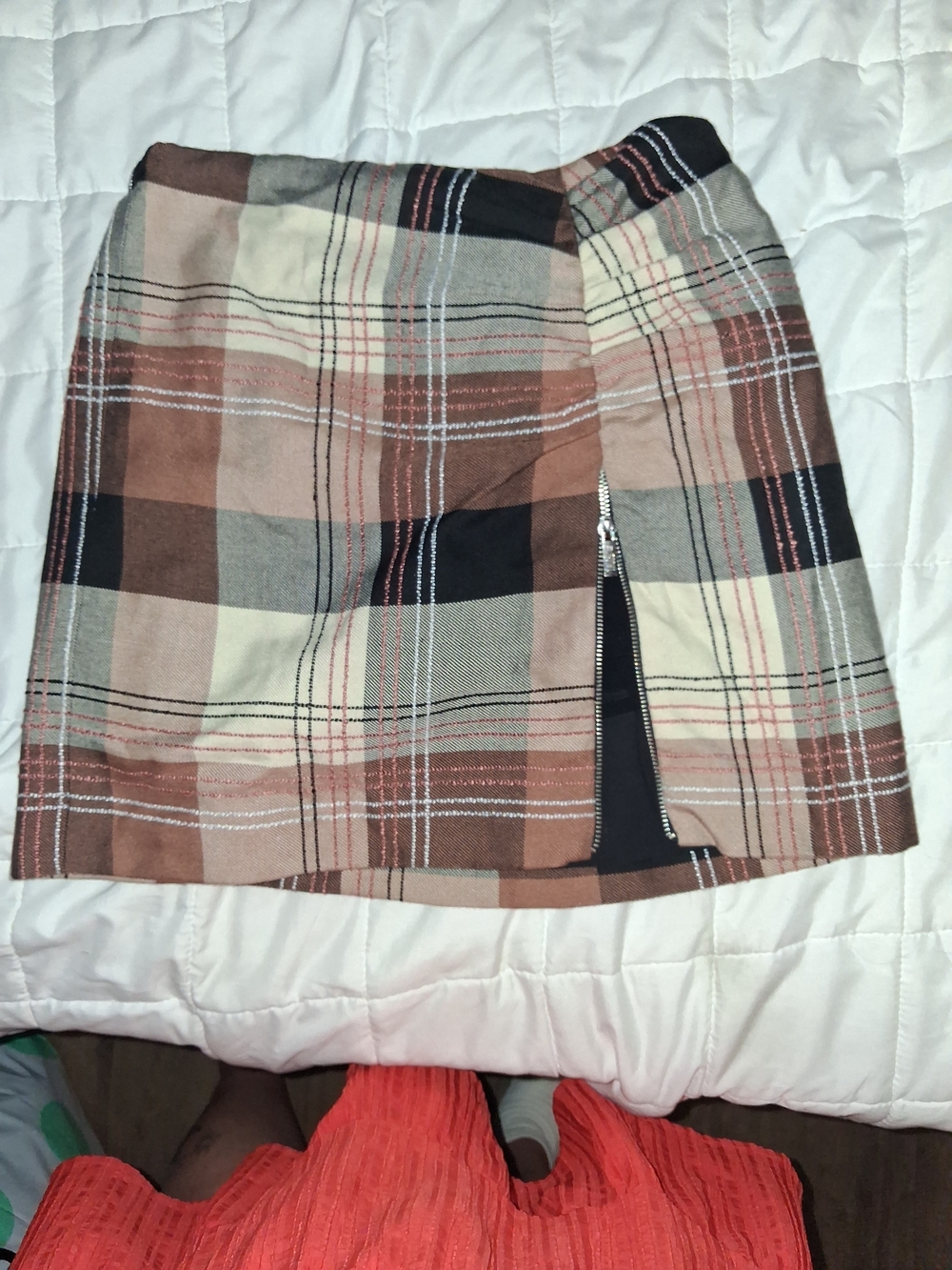 Plaid Mini Skirt with Side Zip - Brown/Tan/Black